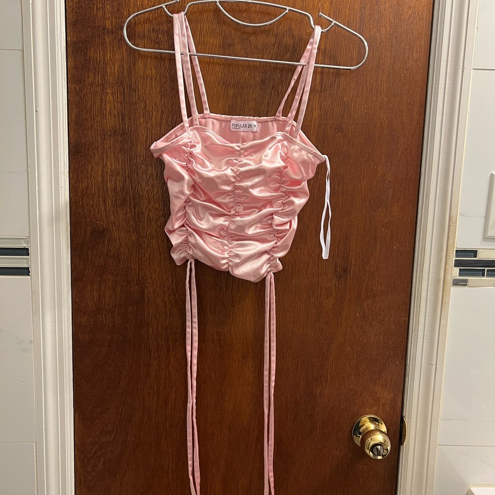 Pink Ruched Satin Crop Top